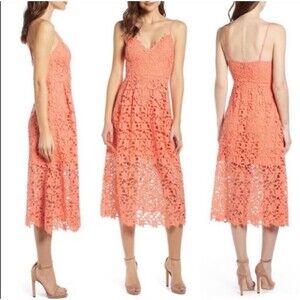 Astr The Label Coral Orange Floral Lace Midi Dress Women's Size S Wedding Spring